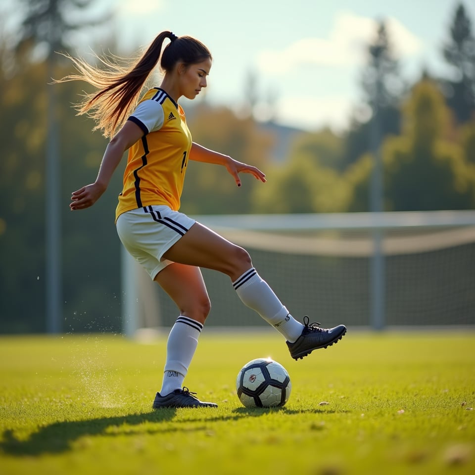 woman in athletic wear, long ponytail, focused expression, taking a corner kick 