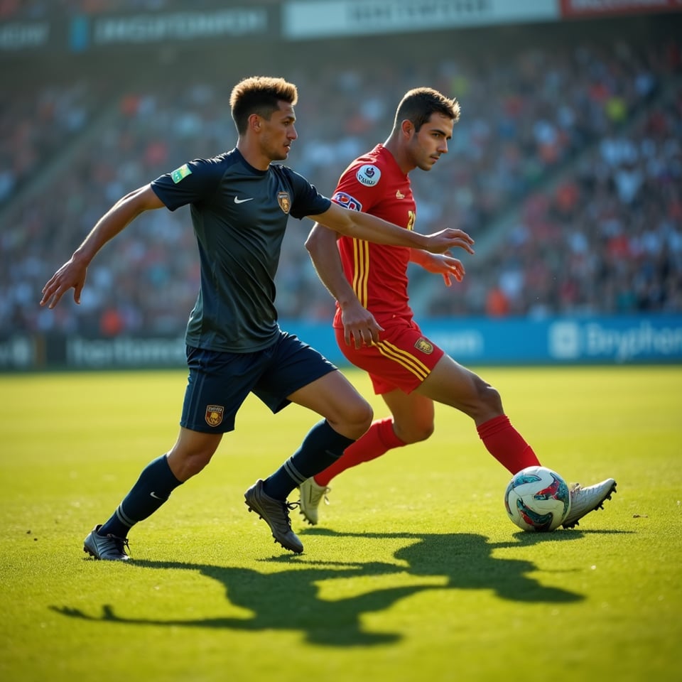 man in dynamic action, tackling and dribbling a football away from an opponent, 
