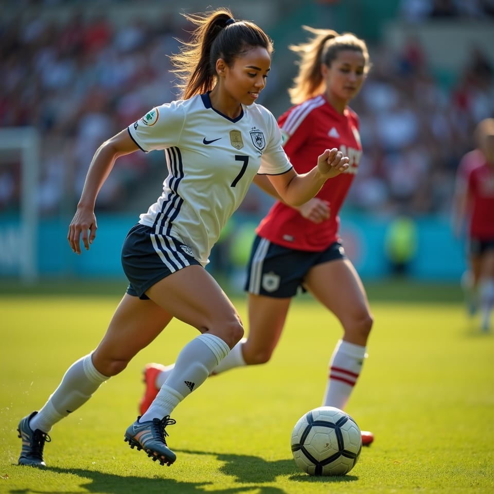 woman in dynamic action, tackling and dribbling a football away from an opponent