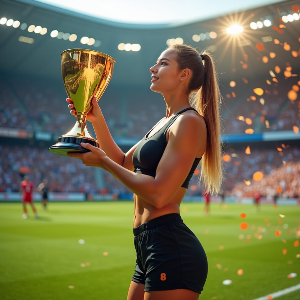 woman holding a shining trophy in her hand, beaming with pride and confidence, d